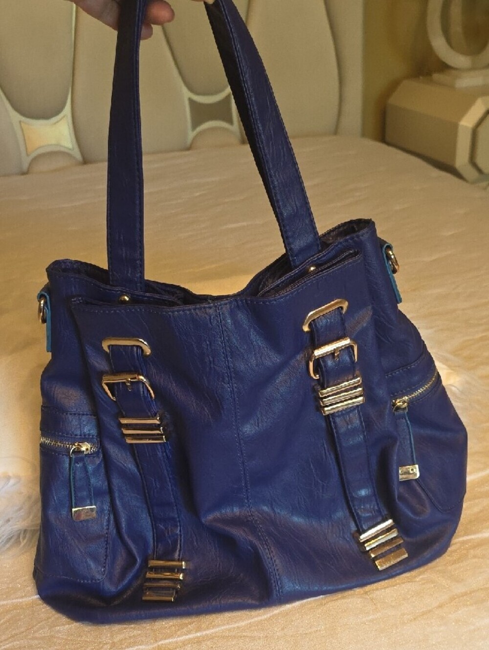 Charming Charlie Blue Faux Leather Tote with Silver Hardware 13×18 Inches